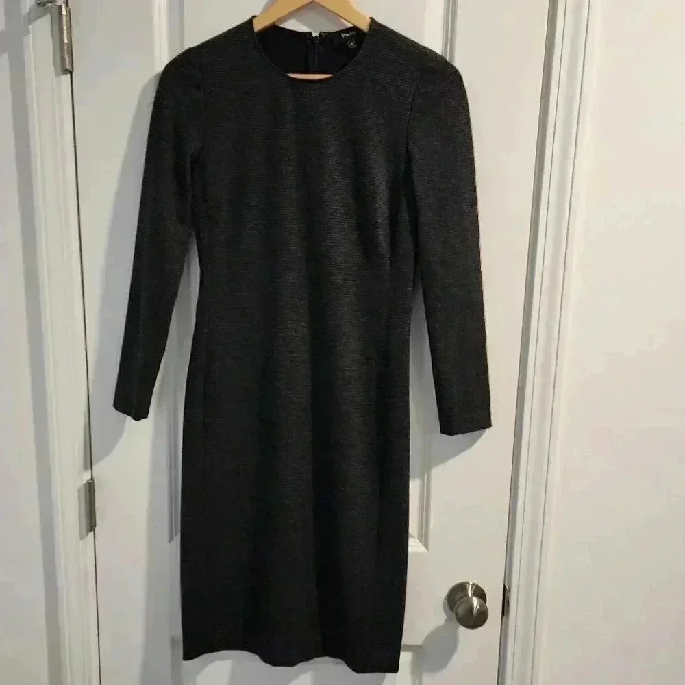 Theory Sheath Dress Long Sleeve Career Office Houndstooth Black Gray 4